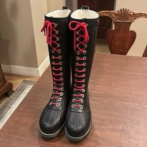 ILSE JACOBSEN Hornbaek Tall Black w/Red Lace Up Rubber Boots Womens 8.5-9.